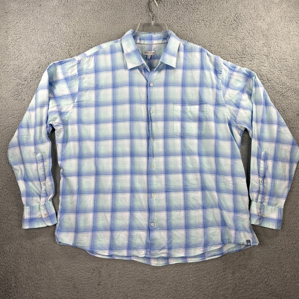 Peter Millar‎ Shirt Mens XXL Blue Check Emerald Sport Lightweight Long Sleeve